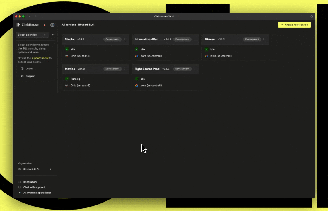 Анимация, показывающая новый интерфейс консоли ClickHouse Cloud с интегрированным SQL-редактором и функциями управления