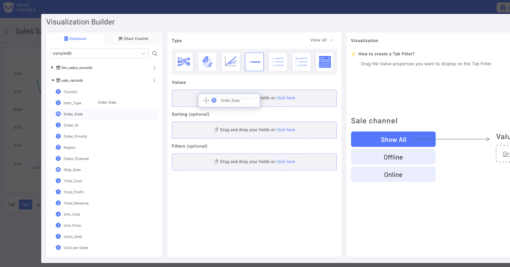 Интерфейс выбора поля даты в Rocket BI с доступными колонками дат