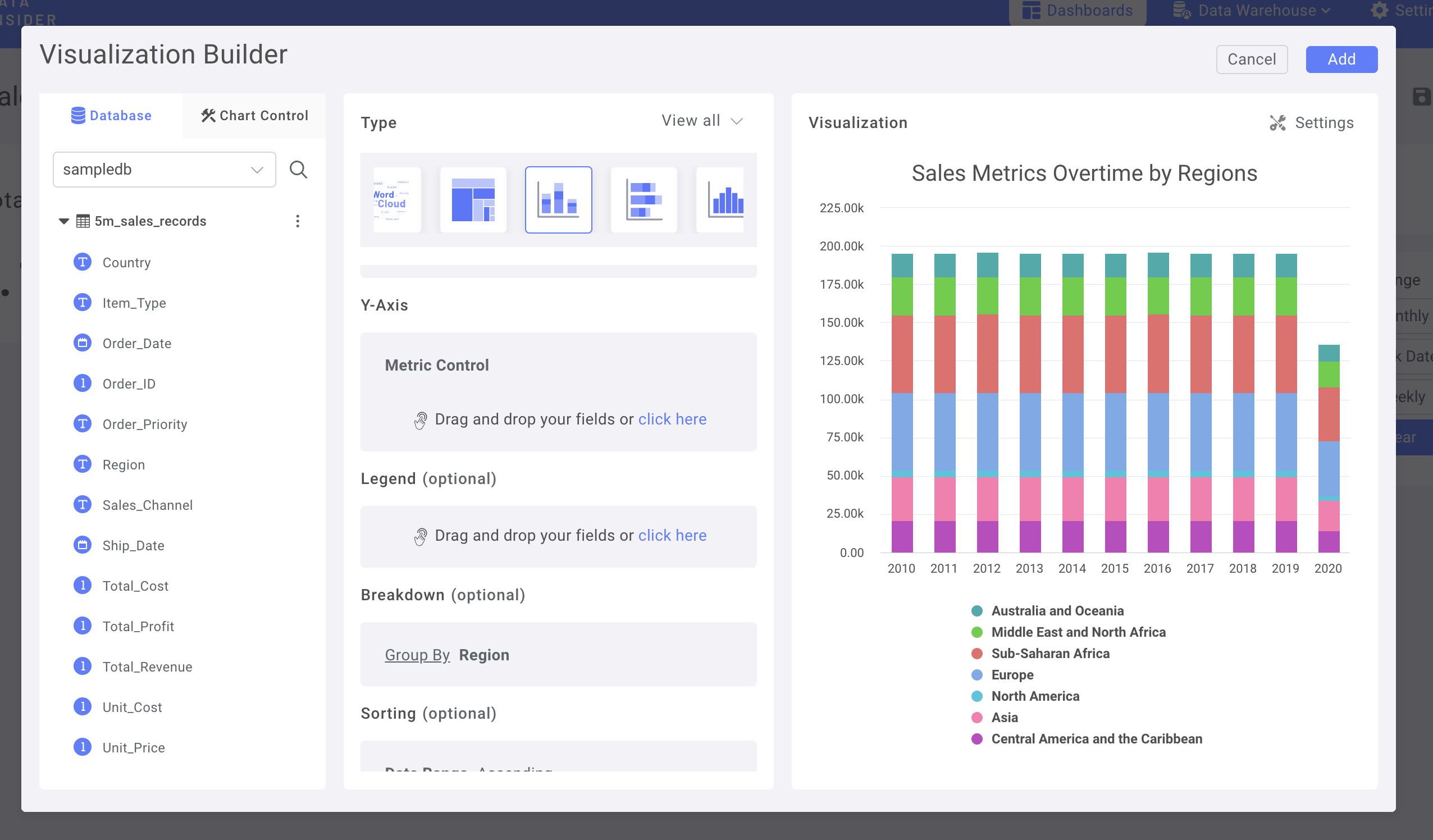 Колонка Region, добавляемая как и�змерение Breakdown в составной столбчатой диаграмме